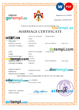 editable template, Jordan marriage certificate Word and PDF template, completely editable