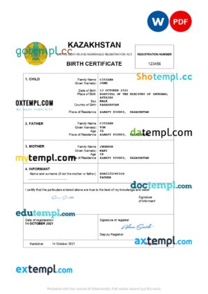 editable template, Kazakhstan vital record birth certificate Word and PDF template, completely editable