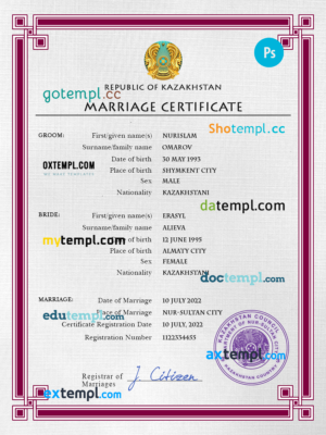 editable template, Kazakhstan marriage certificate PSD template, fully editable