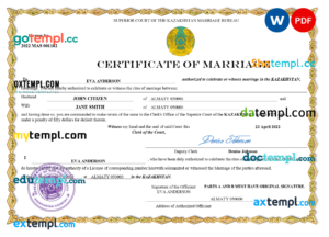 editable template, Kazakhstan marriage certificate Word and PDF template, fully editable