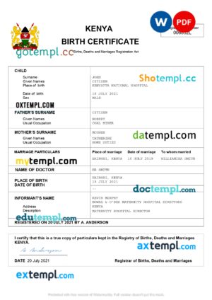 editable template, Kenya vital record birth certificate Word and PDF template, completely editable