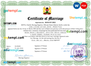 editable template, Kenya marriage certificate Word and PDF template, completely editable