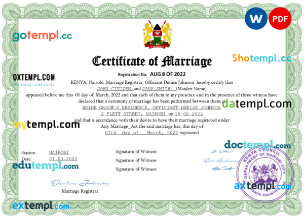 editable template, Kenya marriage certificate Word and PDF template, completely editable