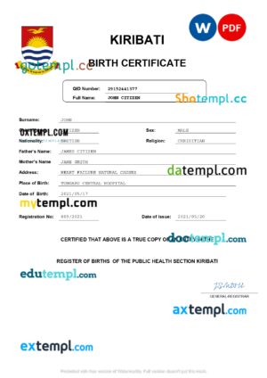 editable template, Kiribati birth certificate Word and PDF template, completely editable