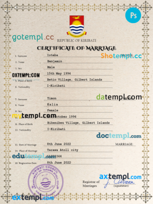 editable template, Kiribati marriage certificate PSD template, fully editable