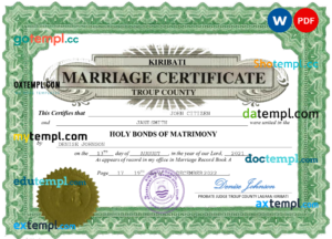 editable template, Kiribati marriage certificate Word and PDF template, fully editable