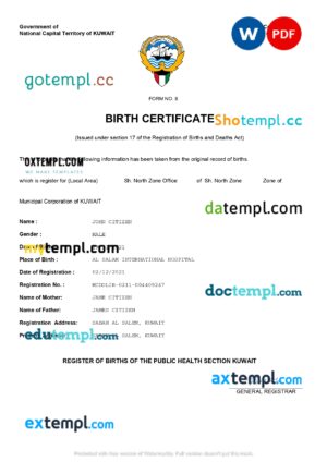 editable template, Kuwait vital record birth certificate Word and PDF template, completely editable