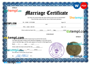 editable template, Kuwait marriage certificate Word and PDF template, completely editable