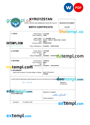 editable template, Kyrgyzstan birth certificate Word and PDF template, completely editable