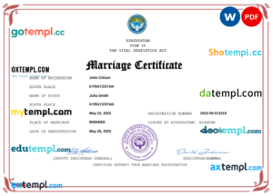 editable template, Kyrgyzstan marriage certificate Word and PDF template, fully editable