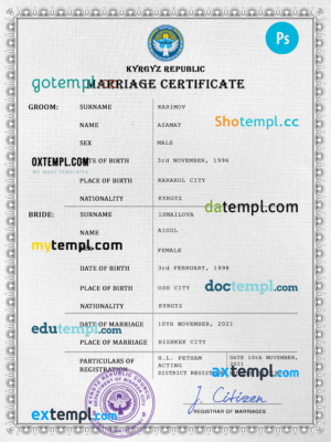editable template, Kyrgyzstan marriage certificate PSD template, fully editable