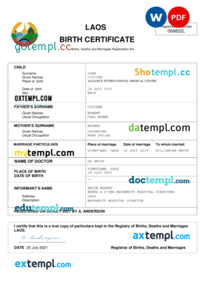 editable template, Laos birth certificate Word and PDF template, completely editable