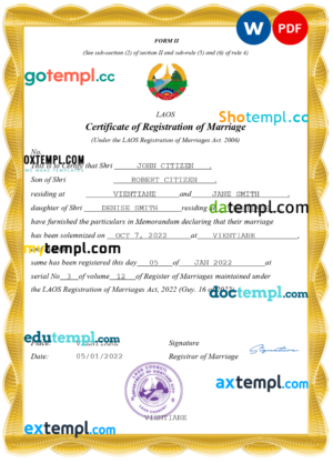 editable template, Laos marriage certificate Word and PDF template, completely editable