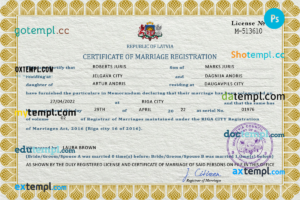 editable template, Latvia marriage certificate PSD template, fully editable