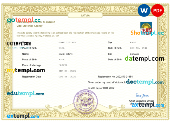 editable template, Latvia marriage certificate Word and PDF template, fully editable