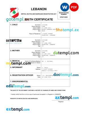 editable template, Lebanon vital record birth certificate Word and PDF template, completely editable
