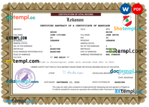 editable template, Labanon marriage certificate Word and PDF template, completely editable