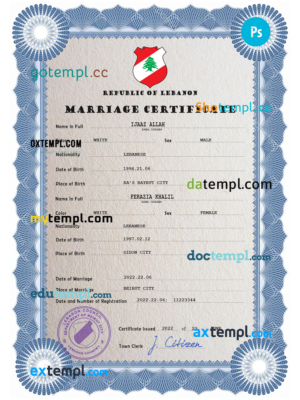 editable template, Lebanon marriage certificate PSD template, completely editable