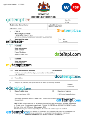 editable template, Lesotho birth certificate Word and PDF template, completely editable