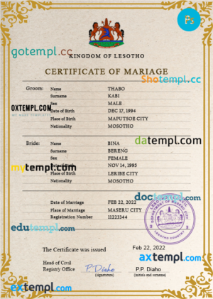 editable template, Lesotho marriage certificate PSD template, fully editable