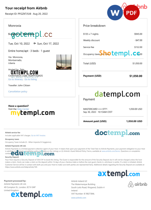 editable template, Liberia Airbnb booking confirmation Word and PDF template