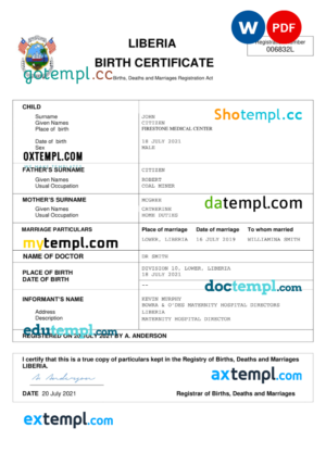 editable template, Liberia vital record birth certificate Word and PDF template, completely editable