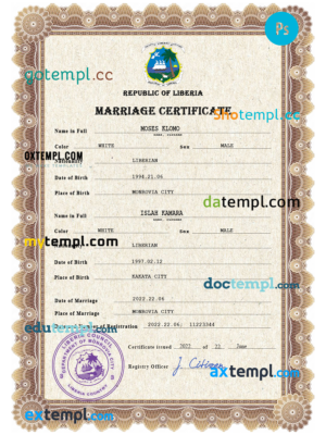 editable template, Liberia marriage certificate PSD template, completely editable