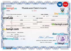 editable template, Liberia marriage certificate Word and PDF template, completely editable