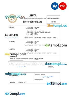 editable template, Libya birth certificate Word and PDF template, completely editable