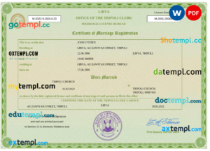 editable template, Libya marriage certificate Word and PDF template, fully editable