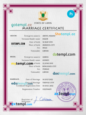 editable template, Libya marriage certificate PSD template, fully editable