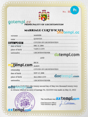 editable template, Liechtenstein marriage certificate PSD template, completely editable