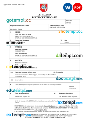 editable template, Lithuania birth certificate Word and PDF template, completely editable