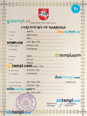 editable template, Lithuania marriage certificate PSD template, fully editable