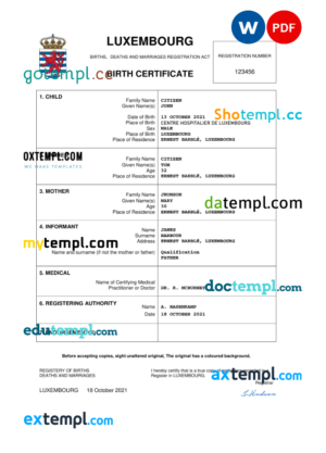 editable template, Luxembourg birth certificate Word and PDF template, completely editable