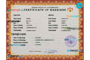 editable template, Luxembourg marriage certificate PSD template, fully editable