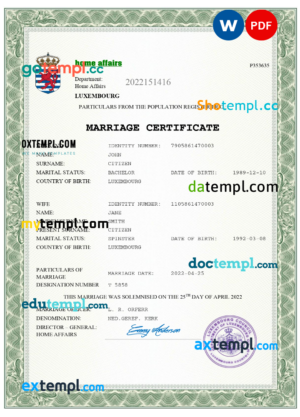 editable template, Luxembourg marriage certificate Word and PDF template, completely editable