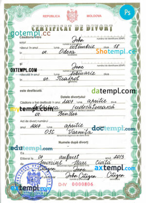 editable template, MOLDOVA vital record divorce certificate PSD template