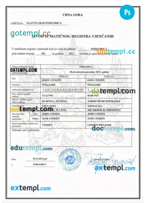 editable template, MONTENEGRO (Crna Gora) marriage certificate PSD template, fully editable
