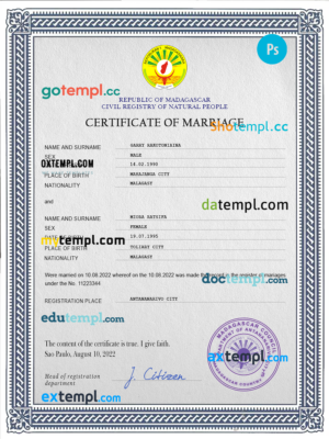 editable template, Madagascar marriage certificate PSD template, completely editable