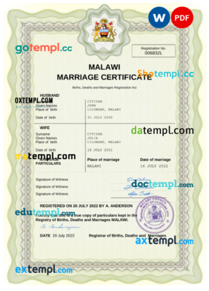 editable template, Malawi marriage certificate Word and PDF template, completely editable