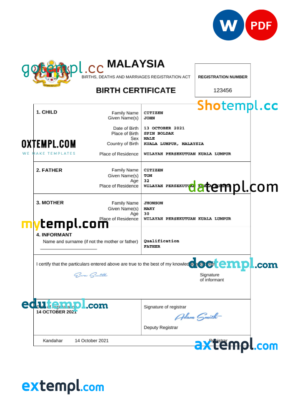 editable template, Malaysia vital record birth certificate Word and PDF template, completely editable