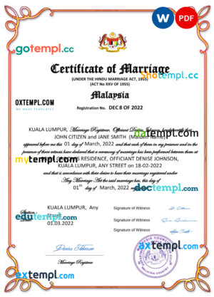 editable template, Malaysia marriage certificate Word and PDF template, fully editable