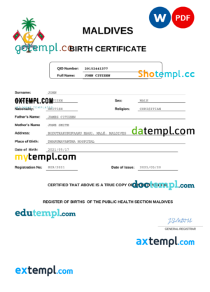 editable template, Maldives birth certificate Word and PDF template, completely editable