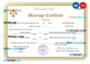 editable template, Maldives marriage certificate Word and PDF template, completely editable