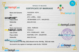 editable template, Maldives marriage certificate PSD template, fully editable