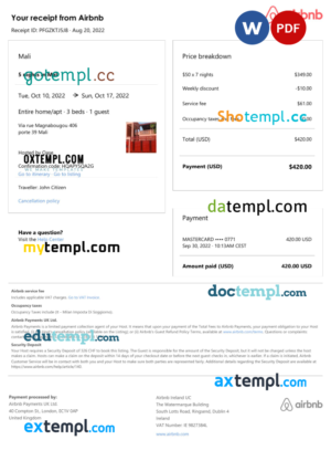 editable template, Mali Airbnb booking confirmation Word and PDF template