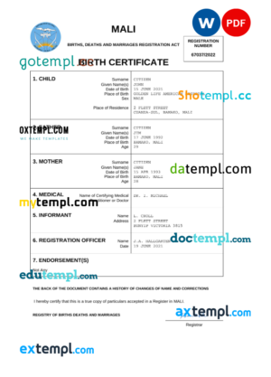 editable template, Mali vital record birth certificate Word and PDF template, completely editable