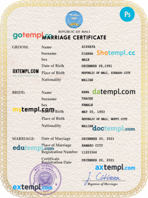 editable template, Mali marriage certificate PSD template, completely editable