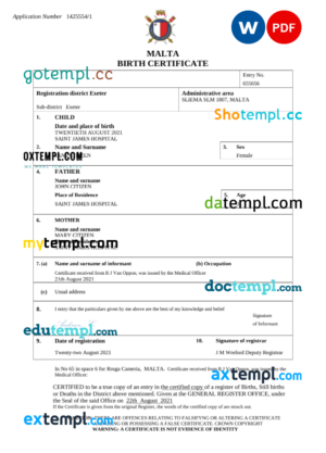 editable template, Malta birth certificate Word and PDF template, completely editable